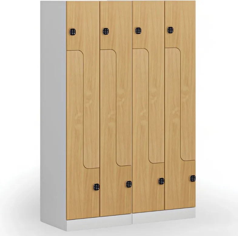Metalowa szafka ubraniowa S1 Z, 4-drzwiowa, 1850 x 600 x 500 mm, zamek kodowy, drzwi laminowane, dąb naturalny