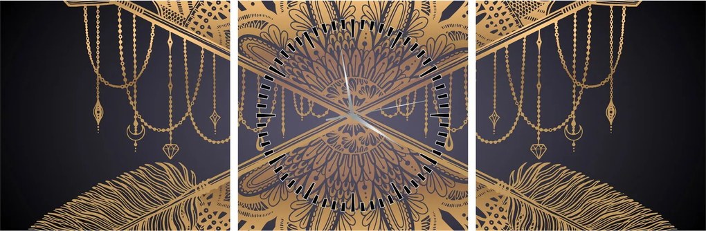 Obraz - Złota mandala ze strzałkami (z zegarem) (90x30 cm)