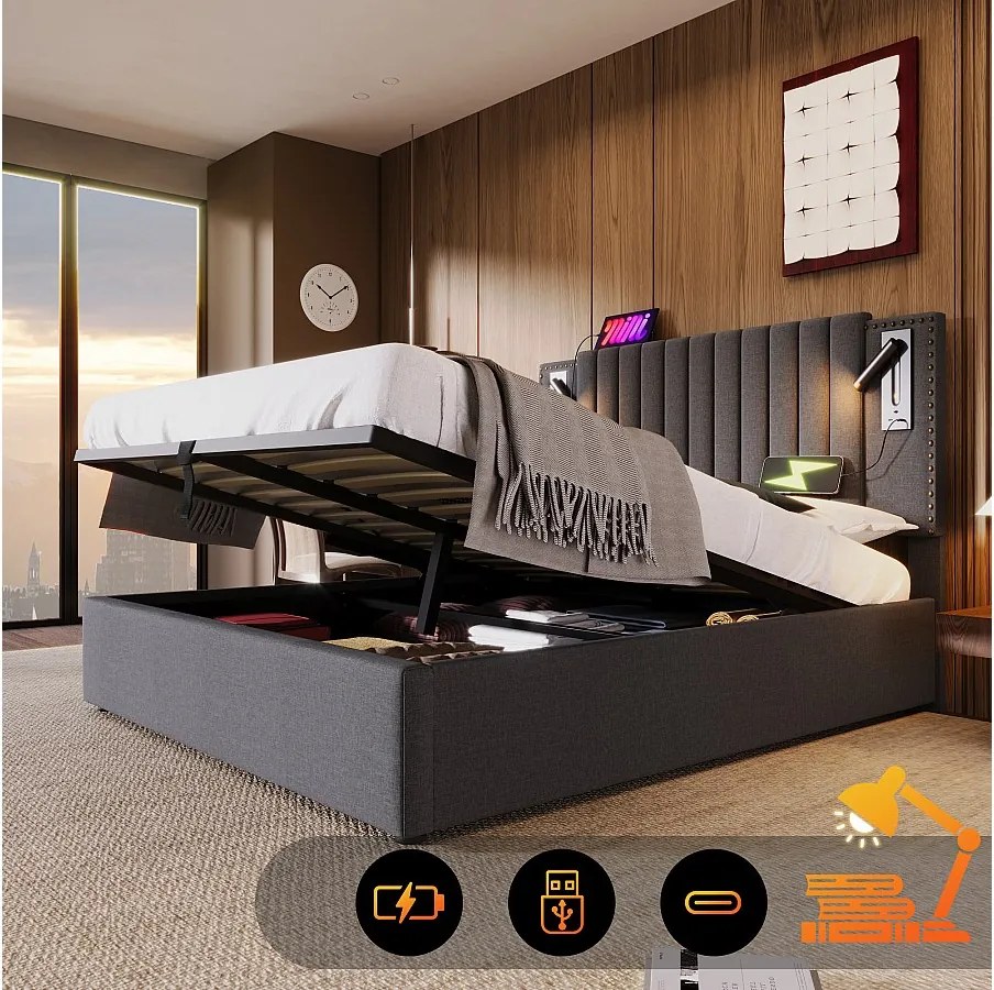 Łóżko tapicerowane dwuosobowe z pojemnikiem - 180 x 200 cm - z lampką do czytania i zagłówkiem - bawełna - szare