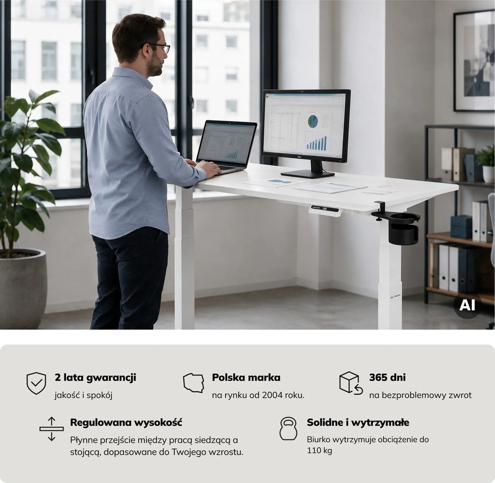 Biurko elektryczne z regulacją wysokości ergonomiczne białe,1400x700 mm: ARIA