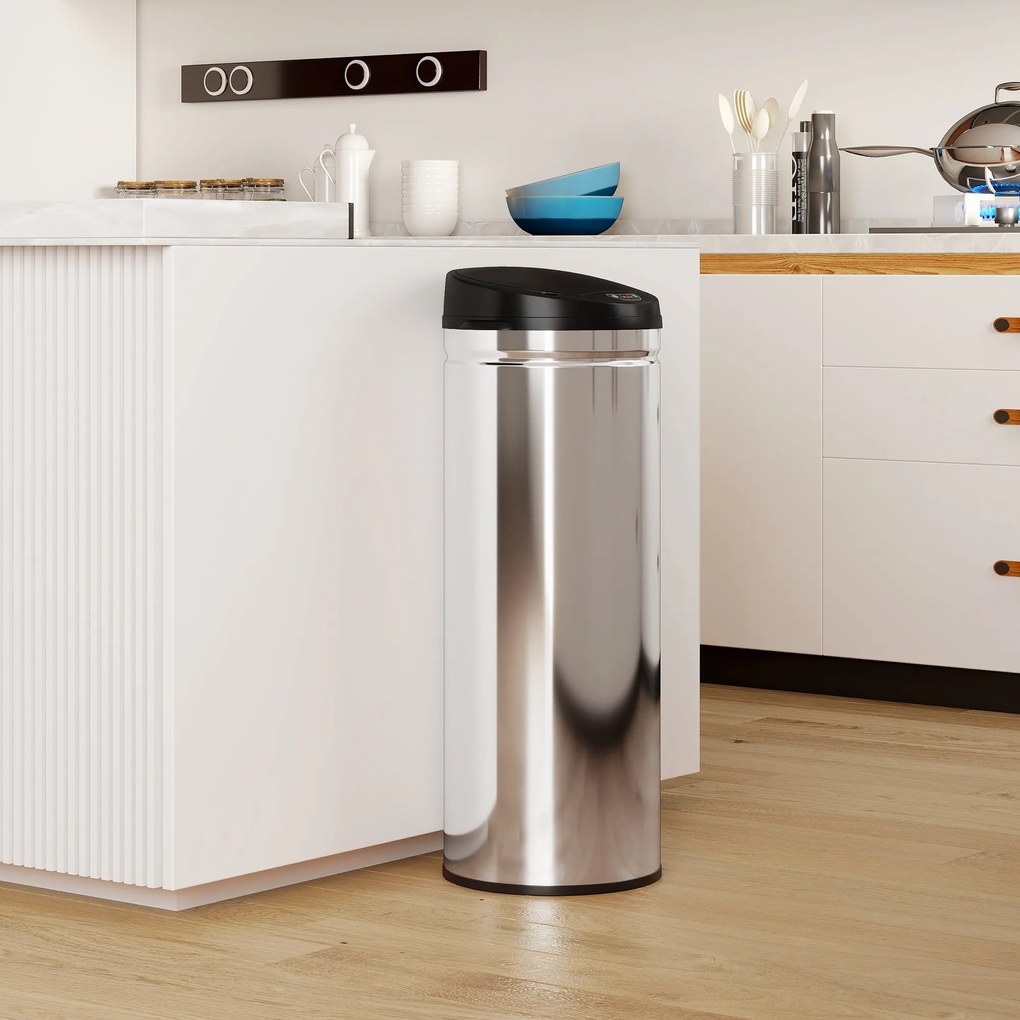 HOMCOM Kosz na śmieci 50 litrów z funkcją Soft-Close, bezdotykowy kosz ze stali nierdzewnej do higienicznych kuchni, biur, srebrny