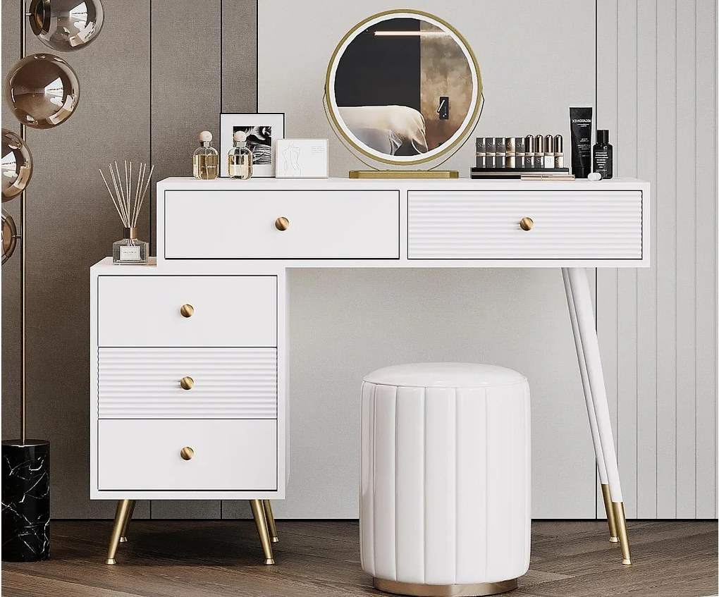 Toaletka z lustrem 100x40x78cm - z oświetleniem LED - z 5 szufladami - przenośny komputer stacjonarny - Biały (bez stołka)