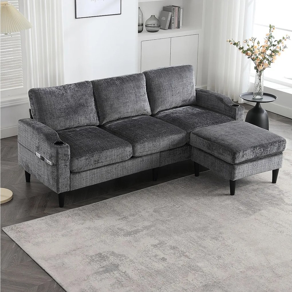 Szara sofa narożna - Sofa z podnóżkiem i schowkiem - Chenille - uchwyt na kubek i kieszeń
