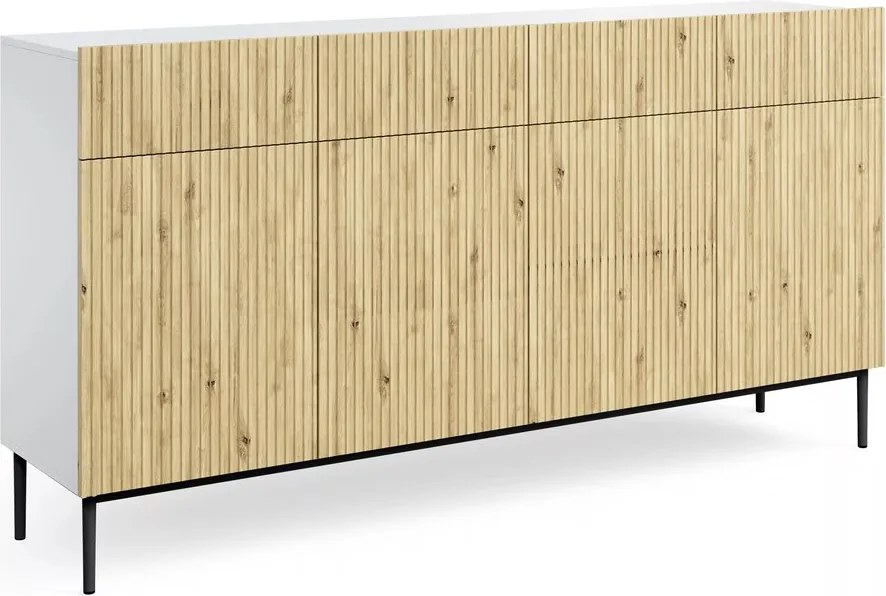Komoda czterodrzwiowa Nicole 200 cm z szufladami - biały / dąb artisan / czarne nóżki