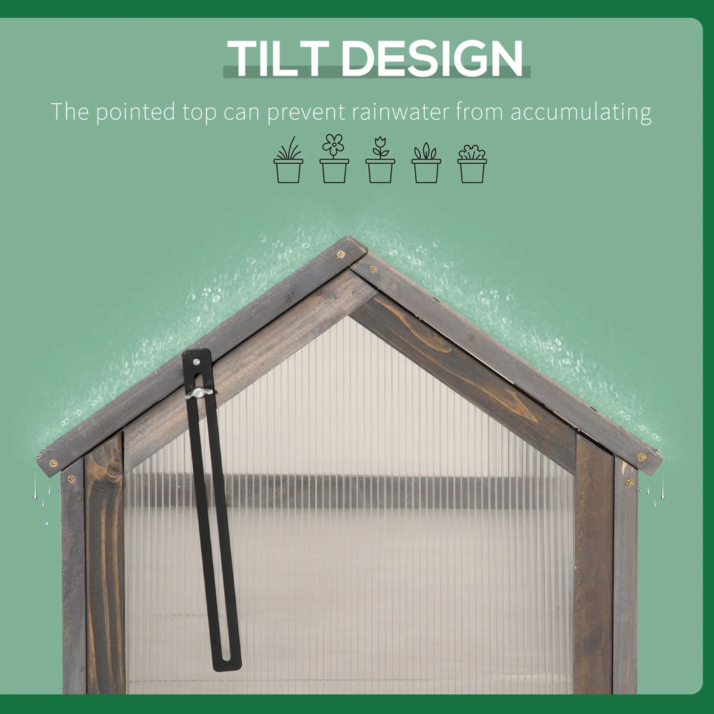 Outsunny Mini Szklarnia, Kompaktowy Domek dla Roślin z Drewna, Płyty Polikarbonatowe, Otwierany Dach, 90Dł x 52Szer x 49,5Wys cm, Szary