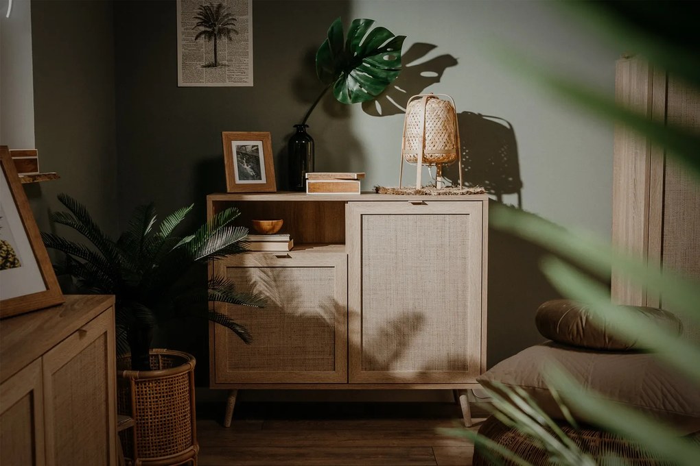 Komoda z szafkami i półkami Bali 2D z folią imitującą plecionkę