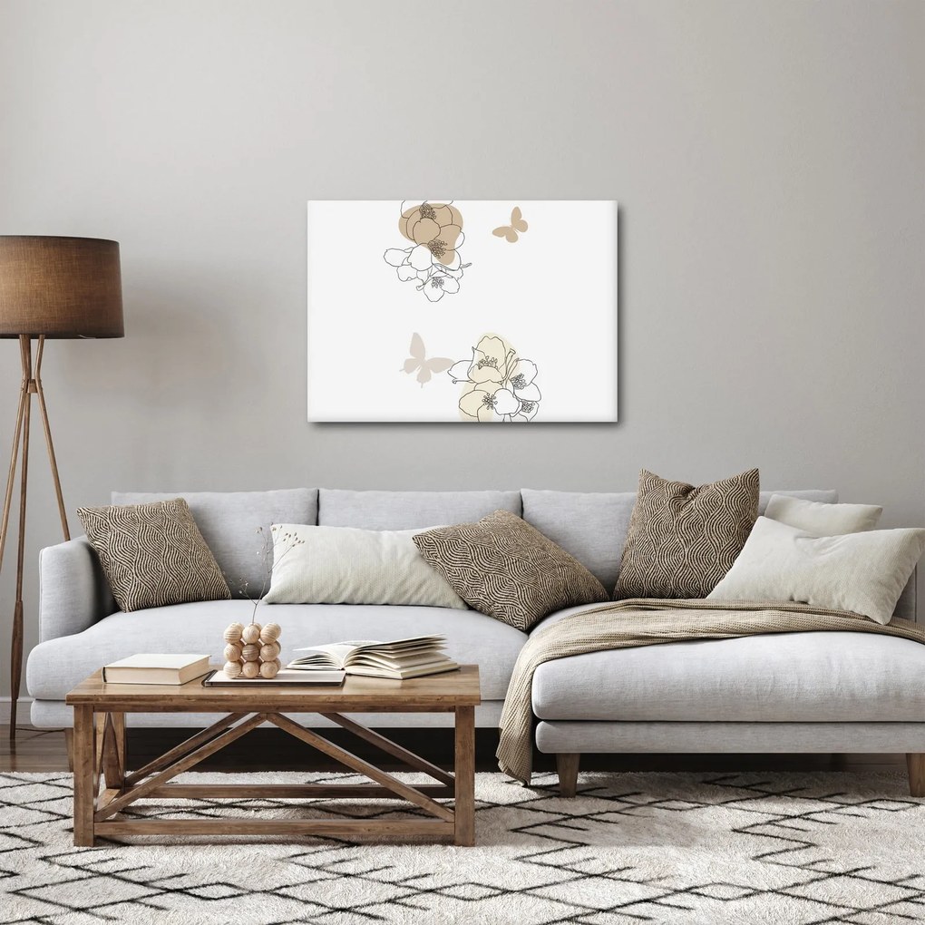 Obraz - Beżowe kwiaty z motylem N⁰2 (70x50 cm)