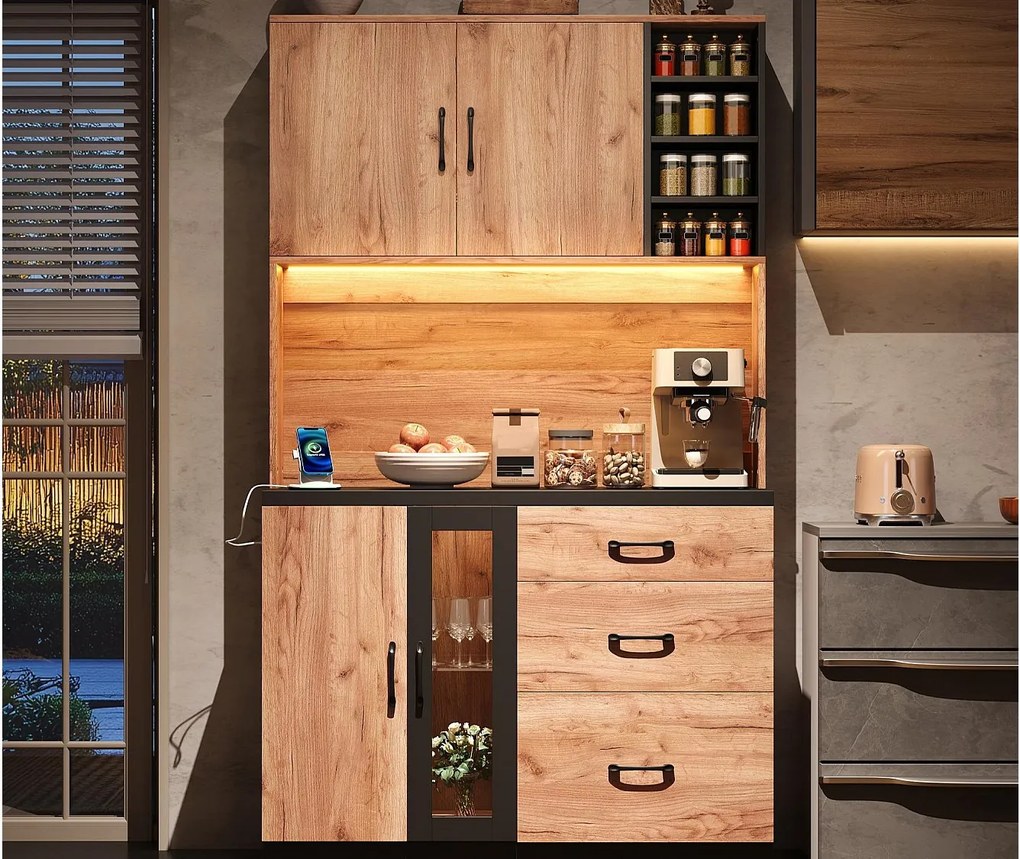 Nowoczesny kredens kuchenny 105x40x180cm - z gniazdkiem i LED - z 3 szufladami i 3 drzwiami - wygląd słojów drewna - Naturalny + Czarny