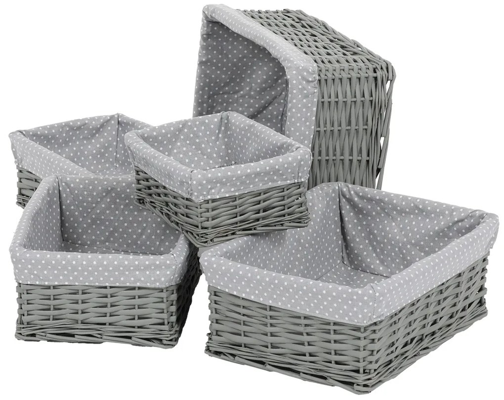 Zestaw koszyków wiklinowych z tkaniną Szara kropka, 5 szt., 5 rozmiarów, 48 x 18 x 37 cm