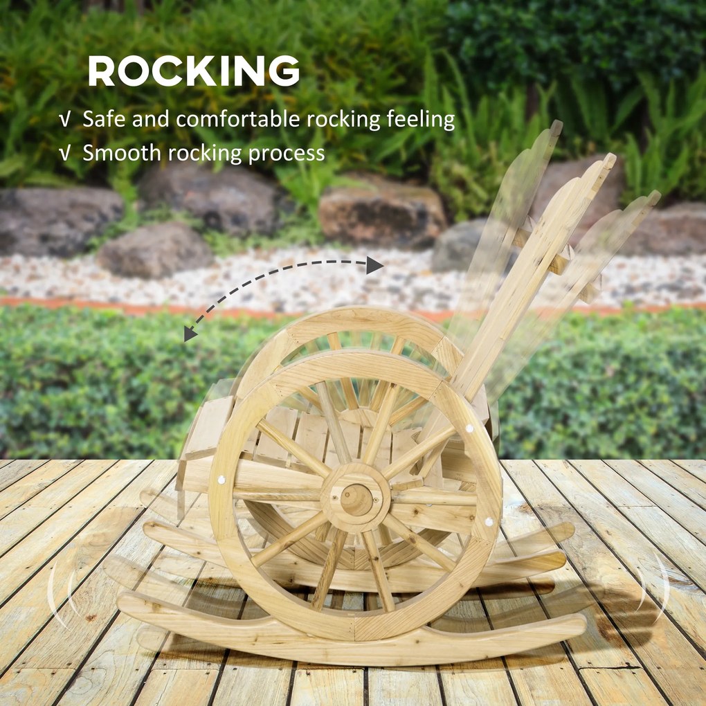 Outsunny Fotel bujany, rustykalny fotel relaksacyjny, krzesło ogrodowe z designem na kółkach, fotel bujany, drewno lite, naturalne drewno, 68 x 88 x 92 cm