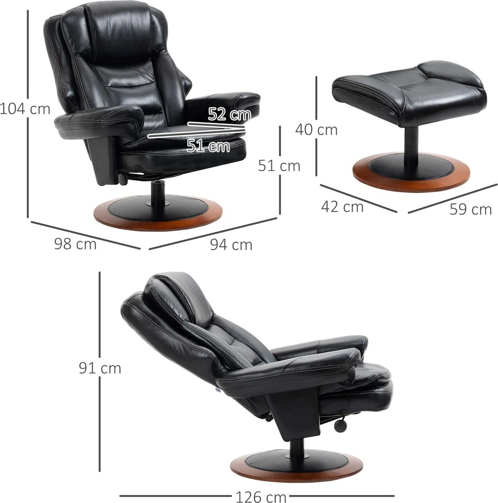 HOMCOM Fotel Relaksacyjny z Otomaną Czarny Wygodny Fotel Telewizyjny z Funkcją Leżenia 94Lx98Wx104Hcm | Aosom PL