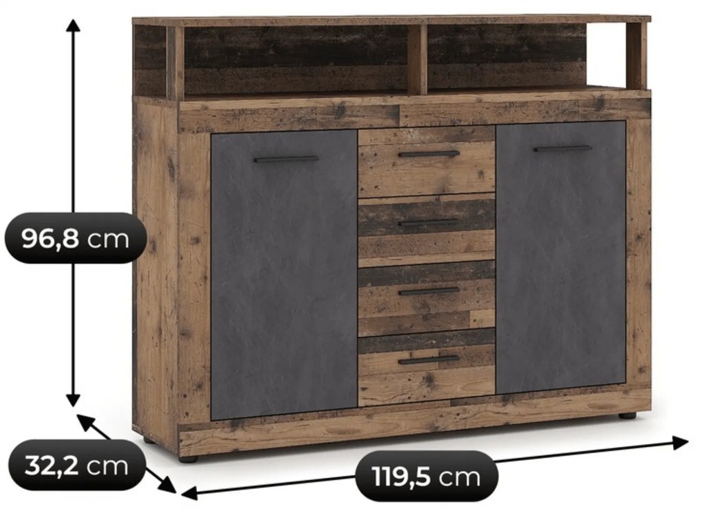 Komoda Dwudrzwiowa z Szufladami BLAGO MIDI B 119,5 cm Ciemny Dąb/Czarny Loft