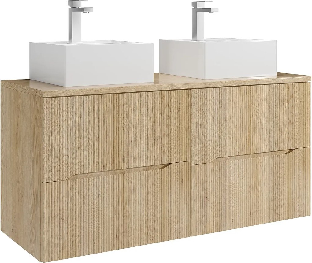 Szafka łazienkowa wisząca prążkowana z kwadratową umywalką nablatową i baterią – Jasny naturalny – 120 cm – ORISO