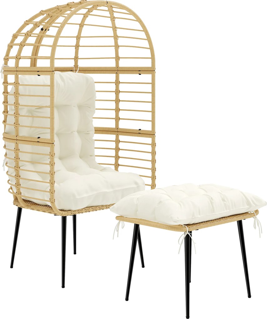 Outsunny Fotel ogrodowy z podnóżkiem, PE-rattan, w kształcie jajka, fotel koszowy z grubymi poduszkami, metalowa rama, beżowy | Aosom PL