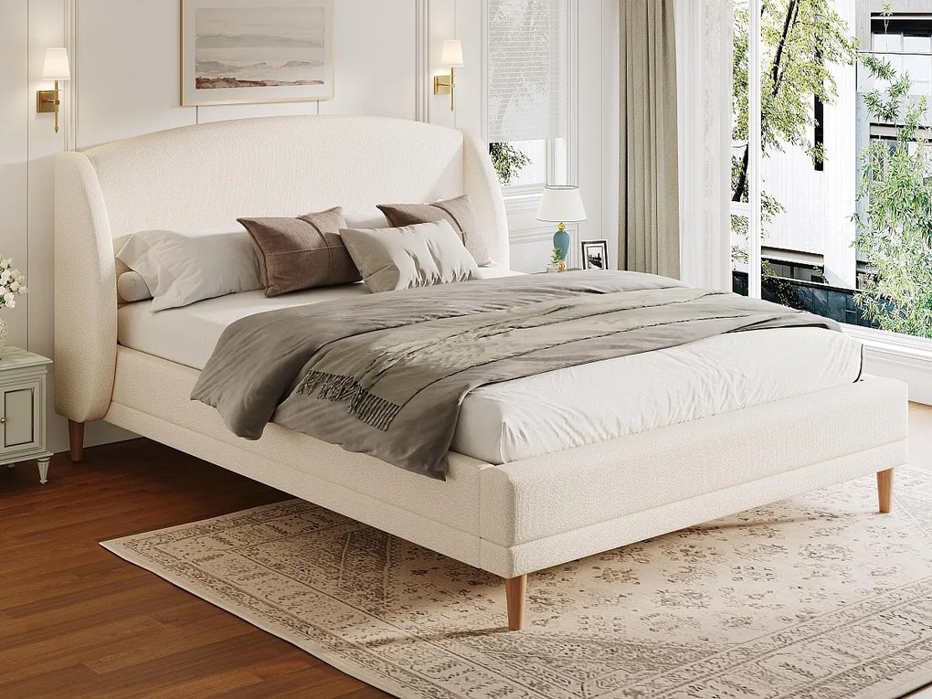 Pikowane łóżko 140x190 cm - Nogi z drewna hevea - z stelażem lamelowym - Tkanina typu bouclé - Biały​ (bez materaca)