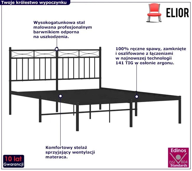 Czarne metalowe łóżko małżeńskie 180x200 cm - Envilo