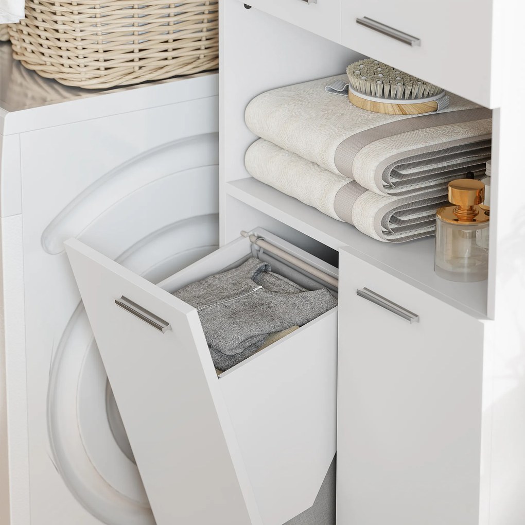 HOMCOM Wysoka na 174 cm szafka łazienkowa z uchylnym koszem na pranie i drzwiami Soft-Close, Biała | Aosom PL