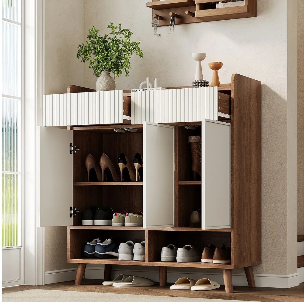 Szafka na buty do przedpokoju - 90 x 35 x 100 cm - 3 drzwi + 2 szuflady + półki - MDF + płyta wiórowa - biała + naturalna