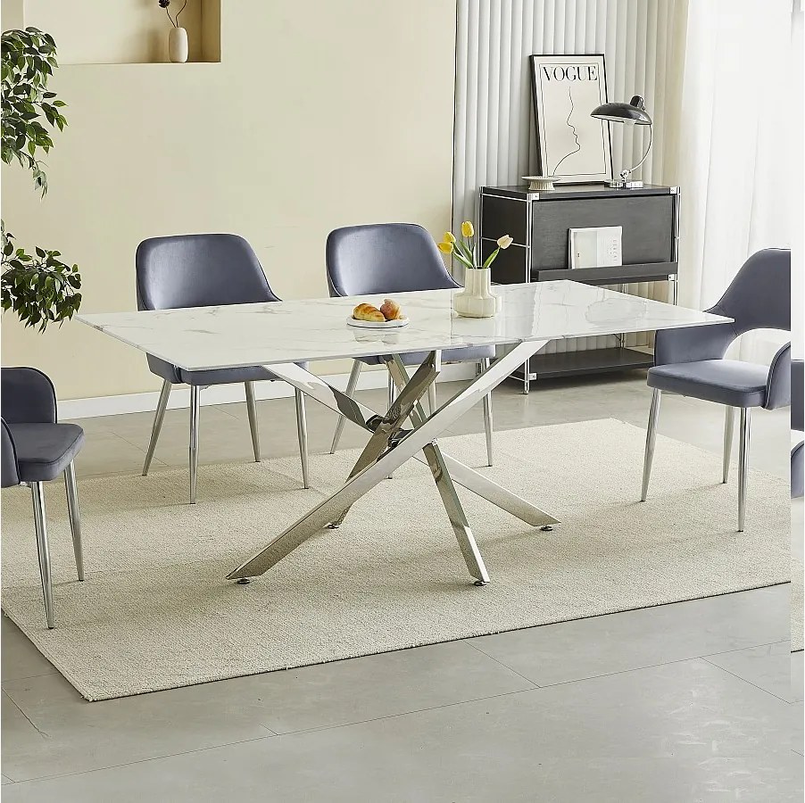 Prostokątny stół jadalniany z hartowanego szkła – Efekt białego marmuru i chromowany metal – dla 8 osób – CHIARA