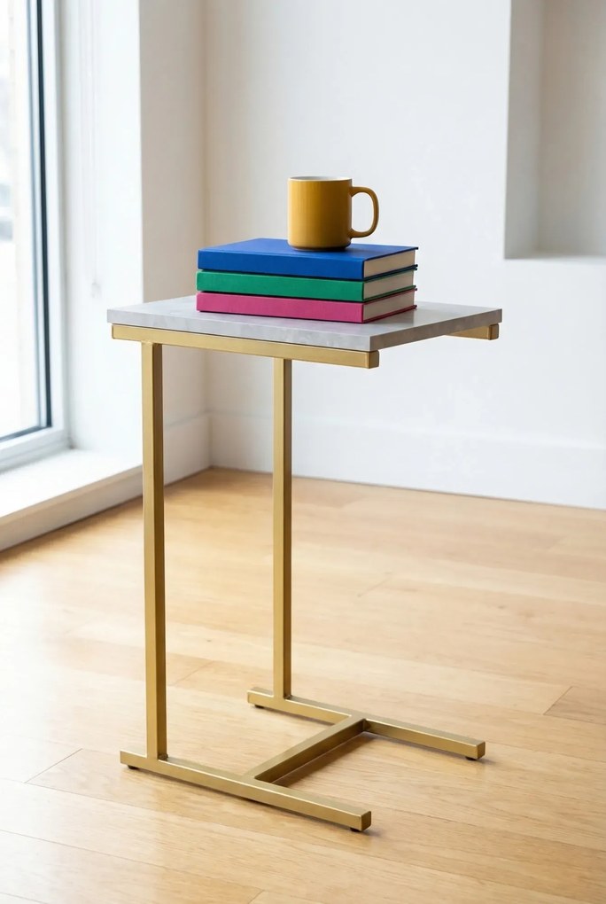 Minimalistyczny stolik boczny złoty + beton N5-B68