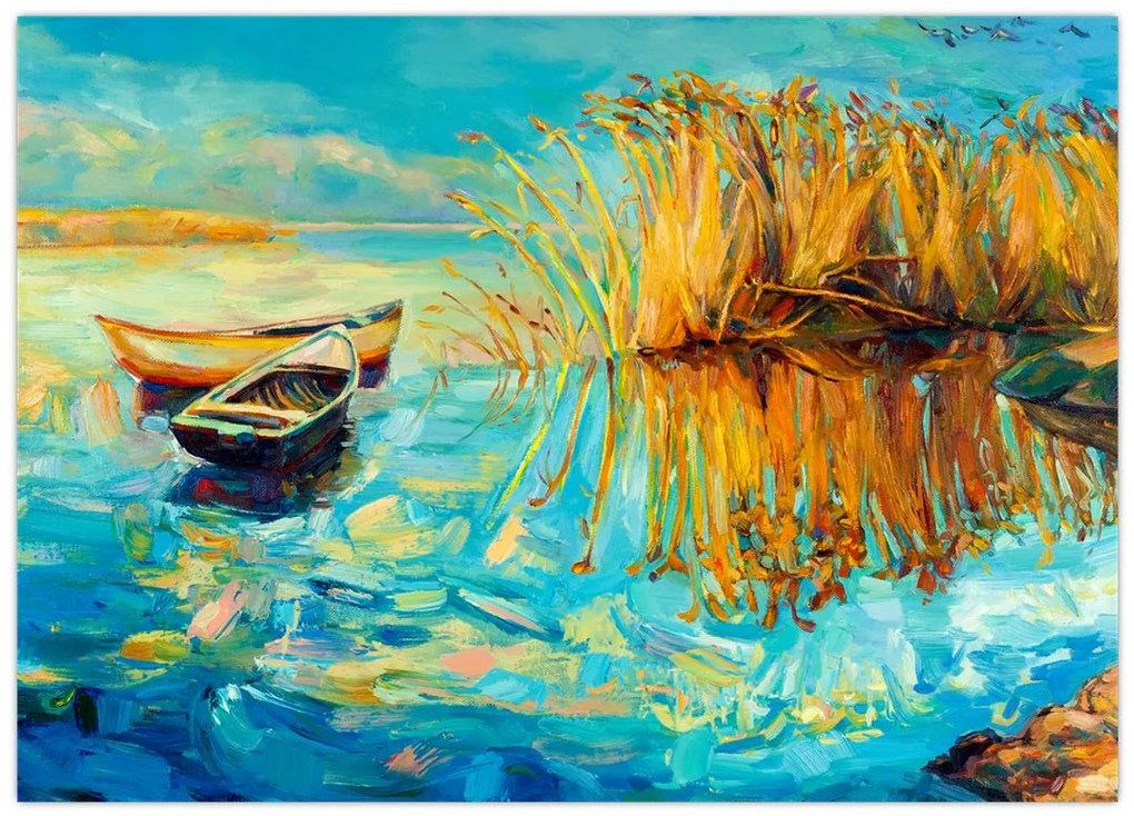 Obraz na szkle - Jezioro z łodziami (70x50 cm)