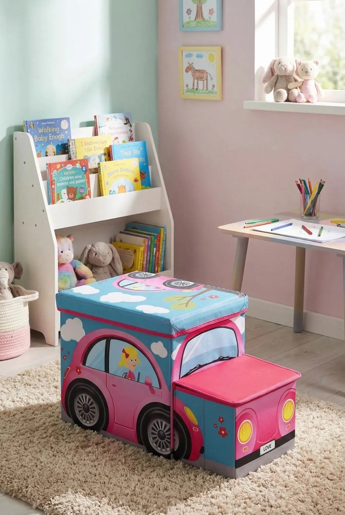 Różowa pufa autko z podwójnym schowkiem na zabawki L0-B14