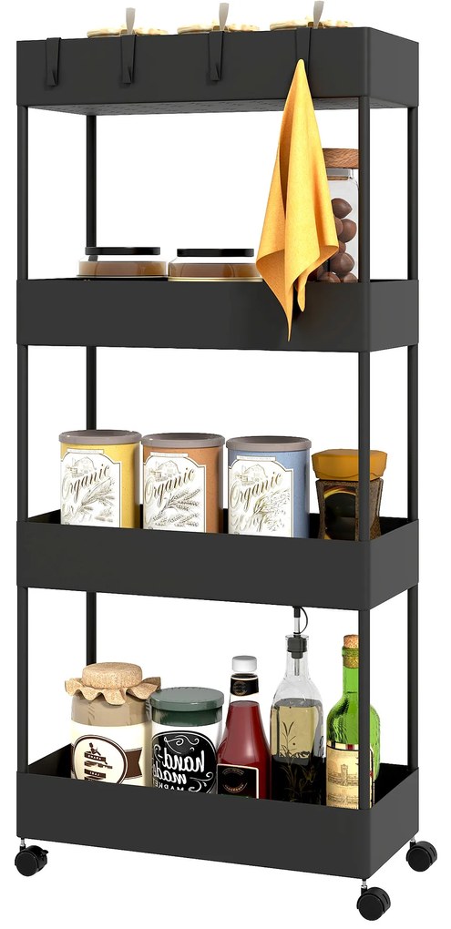 HOMCOM Wózek kuchenny z 4 półkami, 4 elastycznymi hakami, 4 kółkami, 40 cm x 19 cm x 90 cm, Wózek do niewielkich przestrzeni, Czarny