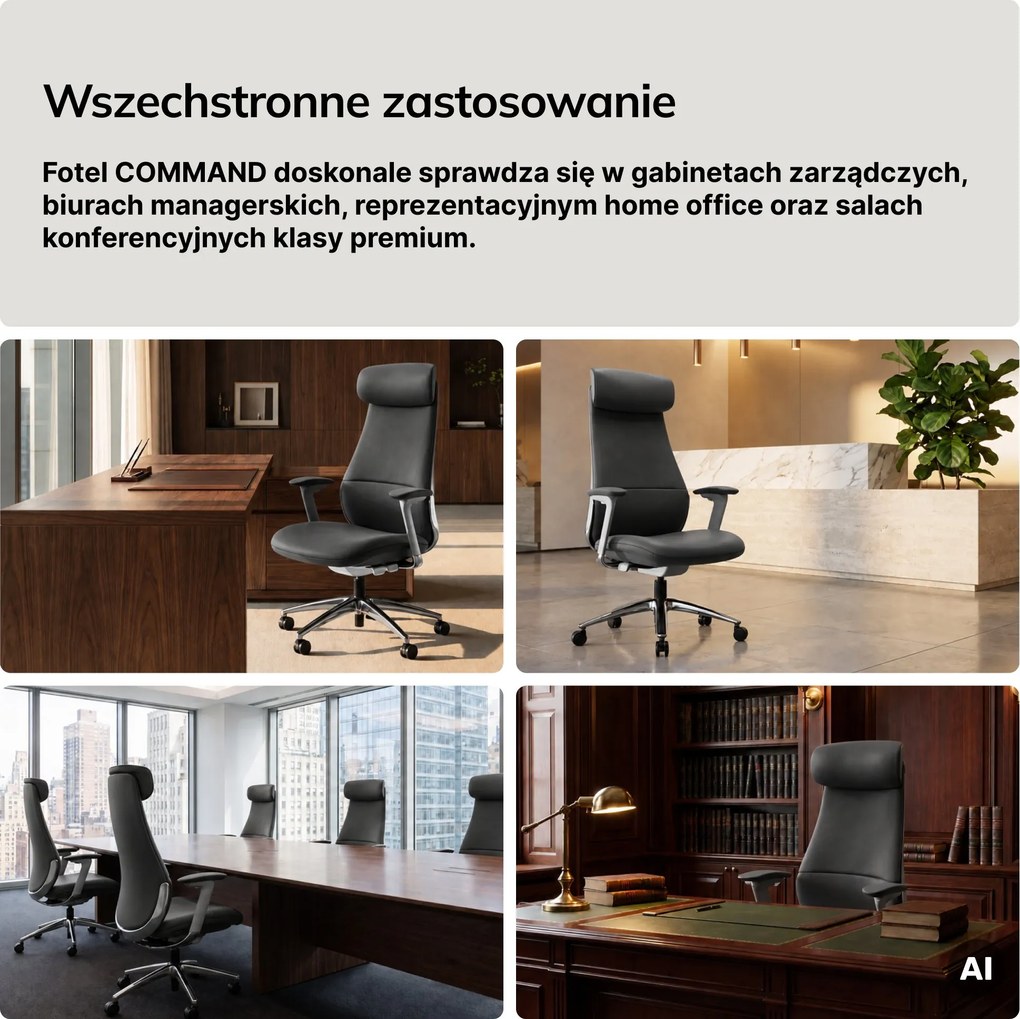 Fotel biurowy tapicerowany prezesa szary: COMMAND