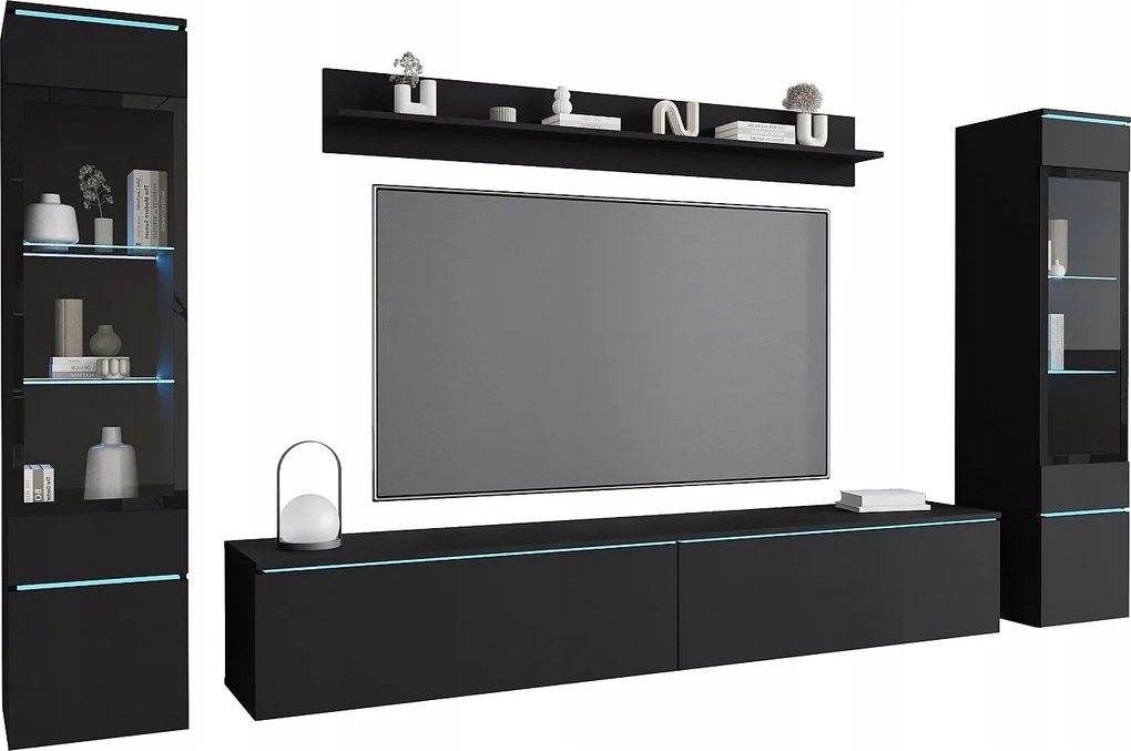 Zestaw mebli do salonu z LED 4 elementy – szafka RTV 180 cm, 2 witryny i półka, meblościanka stojąca lub wisząca czarny mat