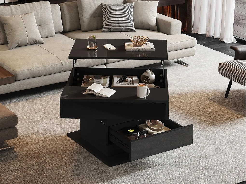 Stolik kawowy podnoszony 70x70x45cm - Obrotowy blat 360° - z 1 szufladą - Ukryta skrytka - Błyszczące wykończenie - ​​Czarny​​