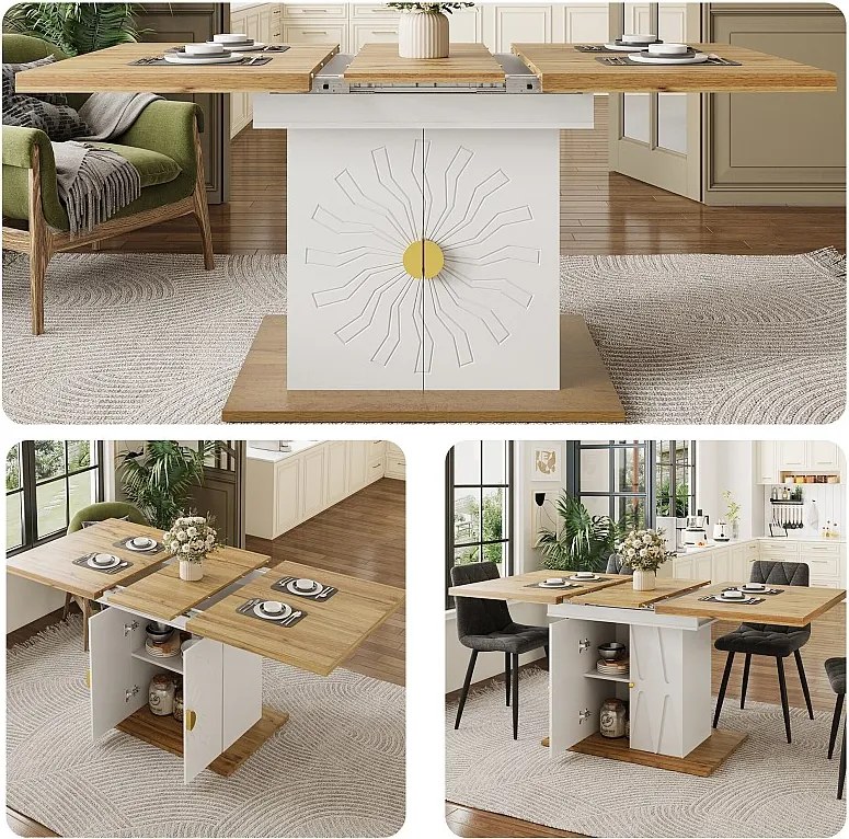 Rozkładany stół jadalny z motywem słońca - 110 (140) x 70 x 76 cm - z 2 drzwiami - MDF - biały + naturalny