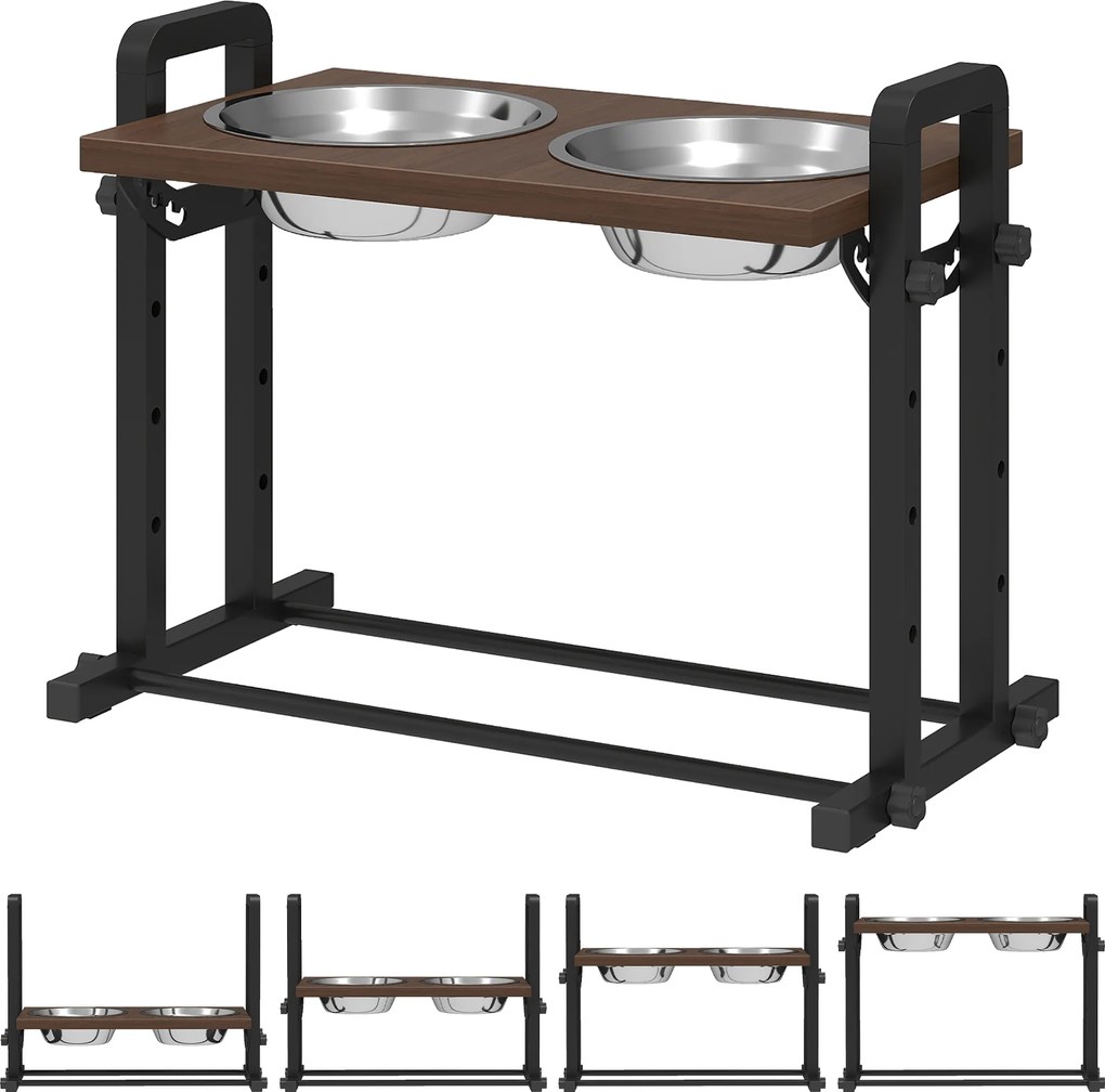 PawHut Podwyższana miska dla psa z 4 regulacjami wysokości, miska z stojakiem, 2 x 1,2 L miski ze stali nierdzewnej, 3 regulowane kąty, Brązowy | Aosom PL