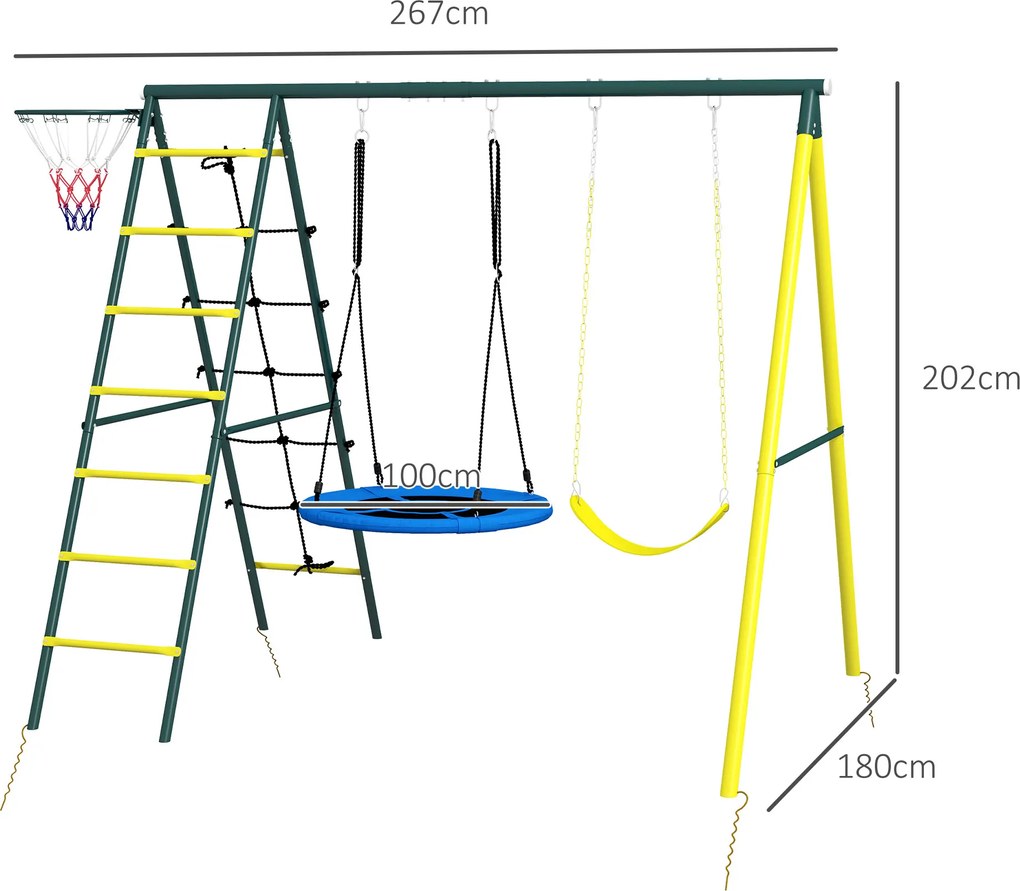 Outsunny Konstrukcja Huśtawki dla Dzieci z 2 Huśtawkami, Koszykiem do Koszykówki, Drabinką do Wspinaczki, 267x180x202 cm, Żółty