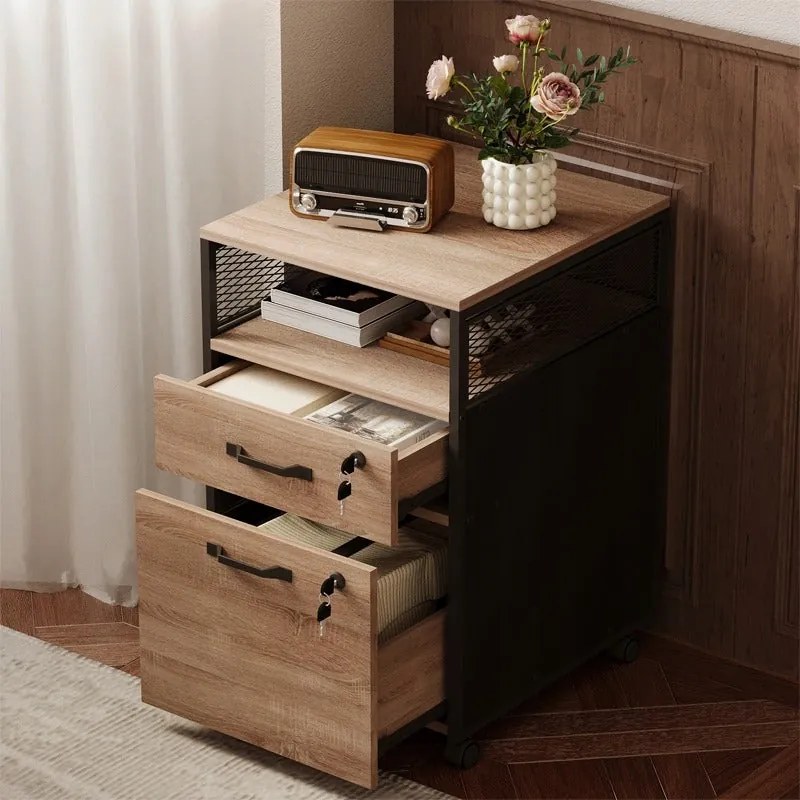 Szafka na kółkach kontenerek na dokumenty z szufladami zamykana jasny brąz