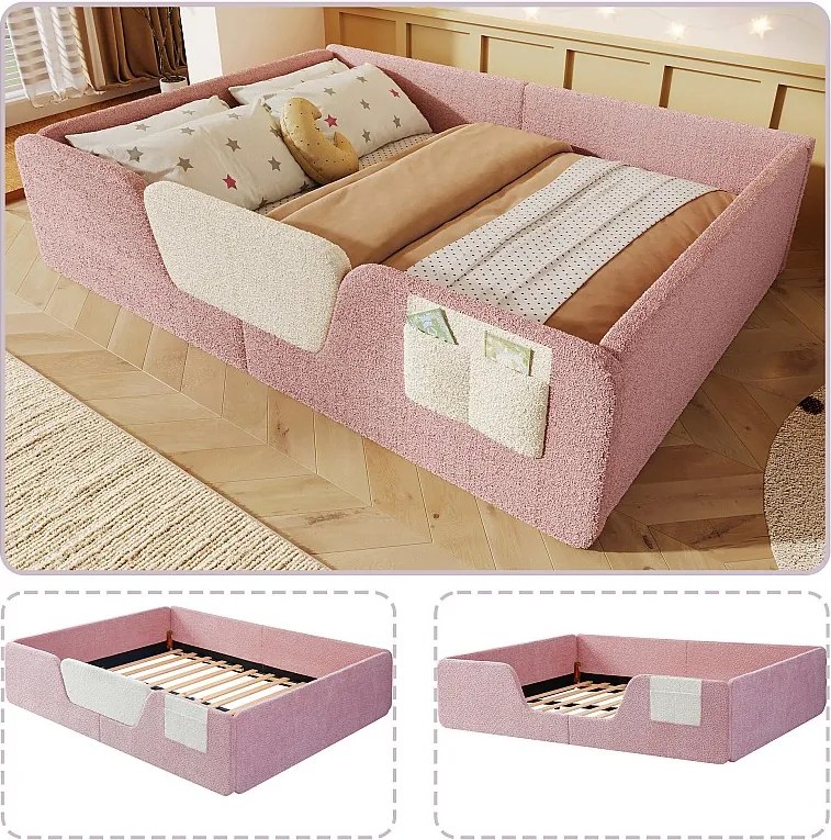 Tapicerowane łóżko dziecięce - 140 x 190 cm - z wyjmowanymi barierkami zabezpieczającymi + materiałowy pokrowiec do przechowywania - aksamit - różowe