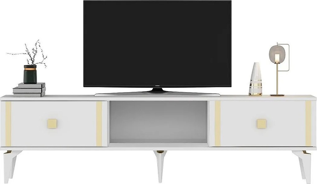 Stojak pod telewizor – 150 cm x 44,6 cm x 29,6 cm – Biały i złoty – Płyta wiórowa pokryta melaminą