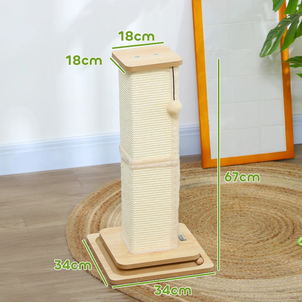 PawHut 3-w-1 Drapak z torem do zabawy, piłką, sizalem, do 5 kg, 34 x 34 x 67 cm, Dąb/Krem