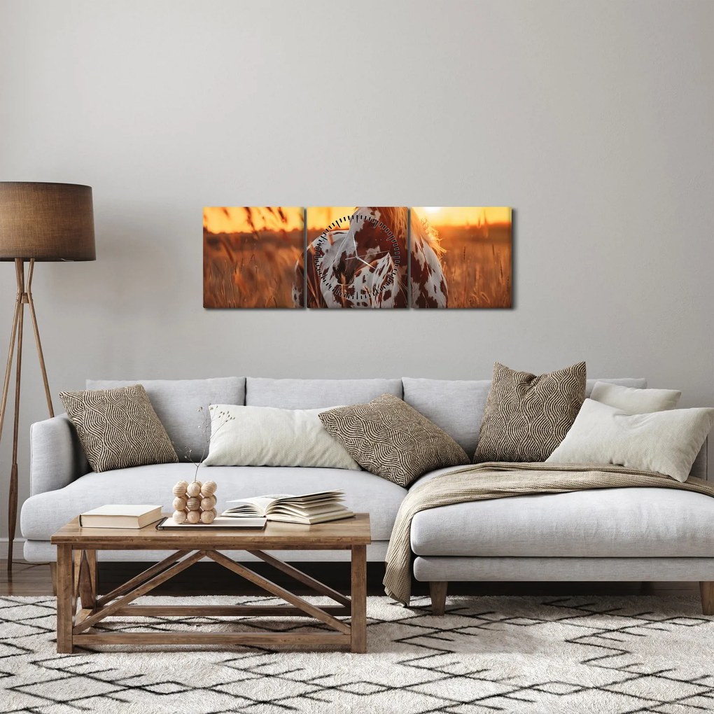 Obraz - Koń o zachodzie słońca (z zegarem) (90x30 cm)