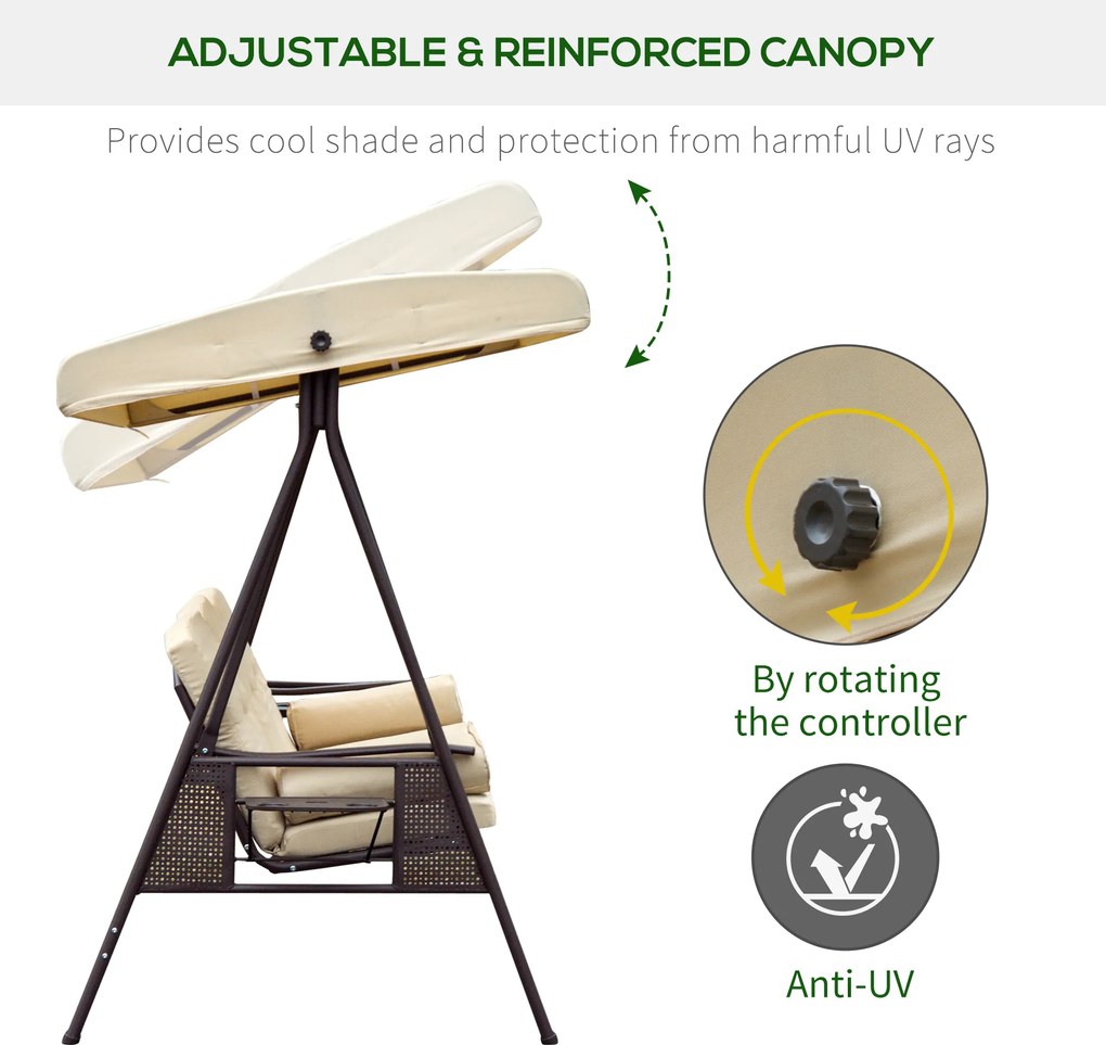 Huśtawka ogrodowa Outsunny 3-osobowa z dachem, beżowo-brązowa, 121×208×172 cm