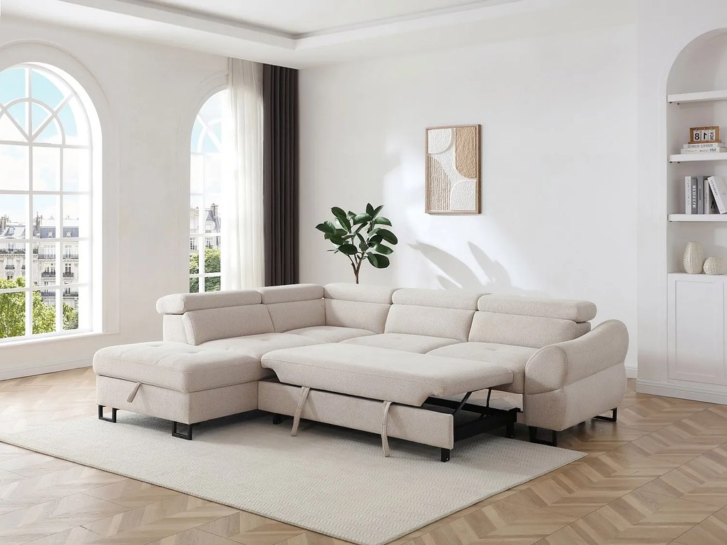 Kanapa narożna rozkładana lewostronna  z beżowej tkaniny teksturowanej VAVERDO