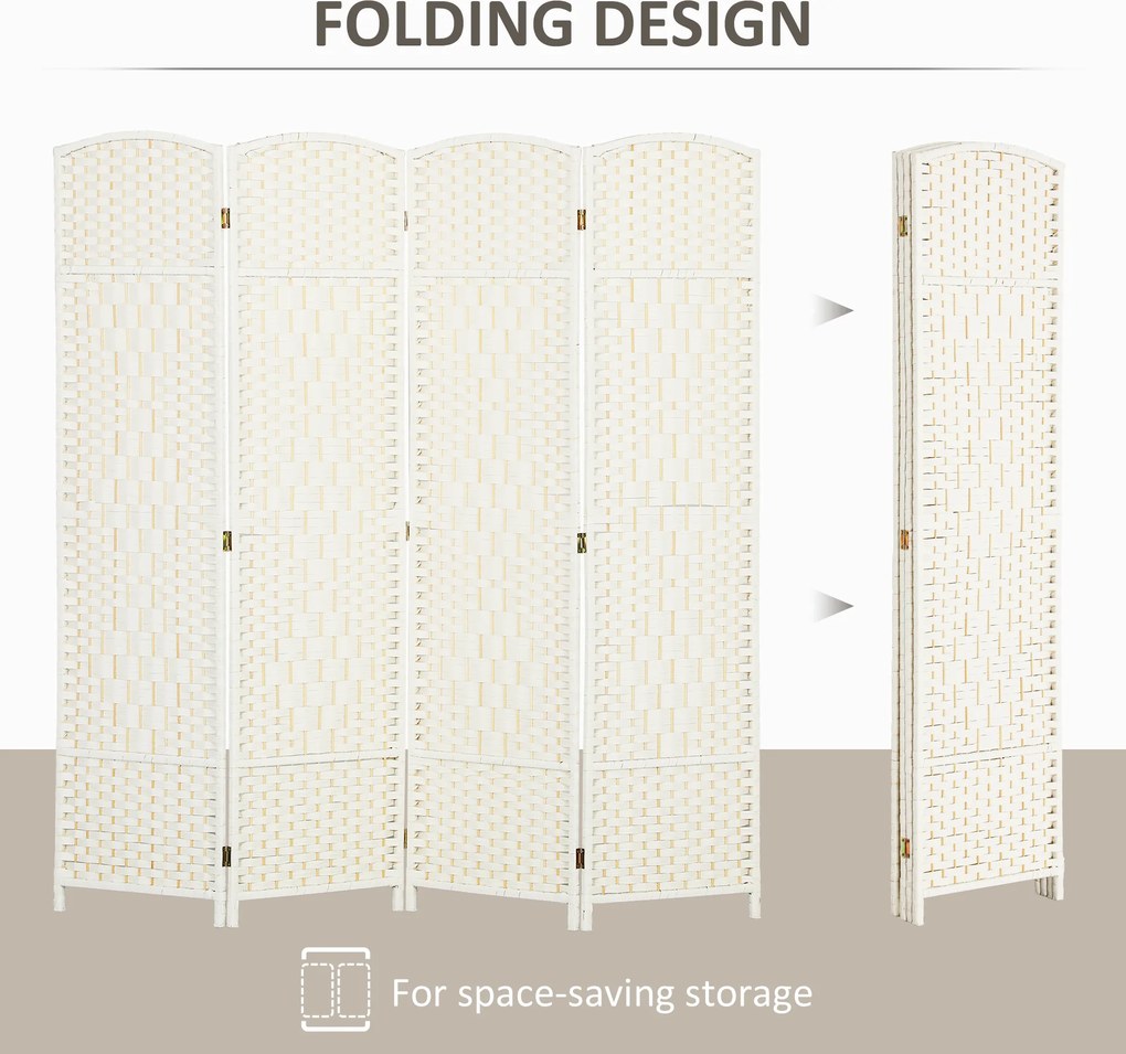 HOMCOM Parawan, 4-częściowa składana ścianka działowa, plecionka, drewno sosnowe, Biały