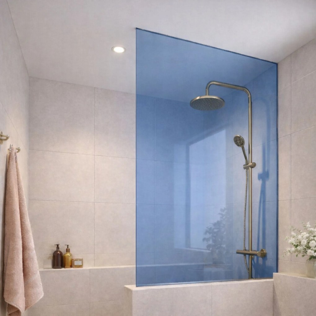 Ścianka prysznicowa Walk In MOLIS HALF Classic Blue szkło niebieskie | Różne rozmiary : Kolor profili kabiny - złoty, Rozmiar - 120 x 180 cm