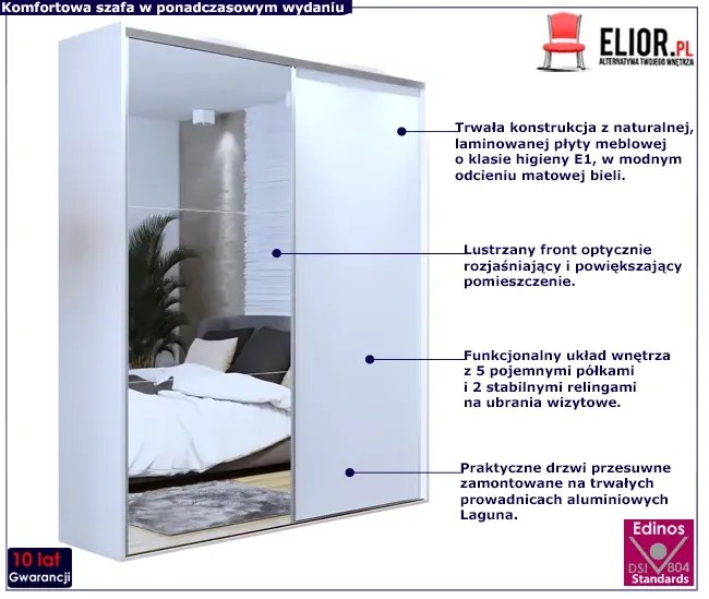 Biała przesuwna szafa z lustrem 200 cm - Estori 3X