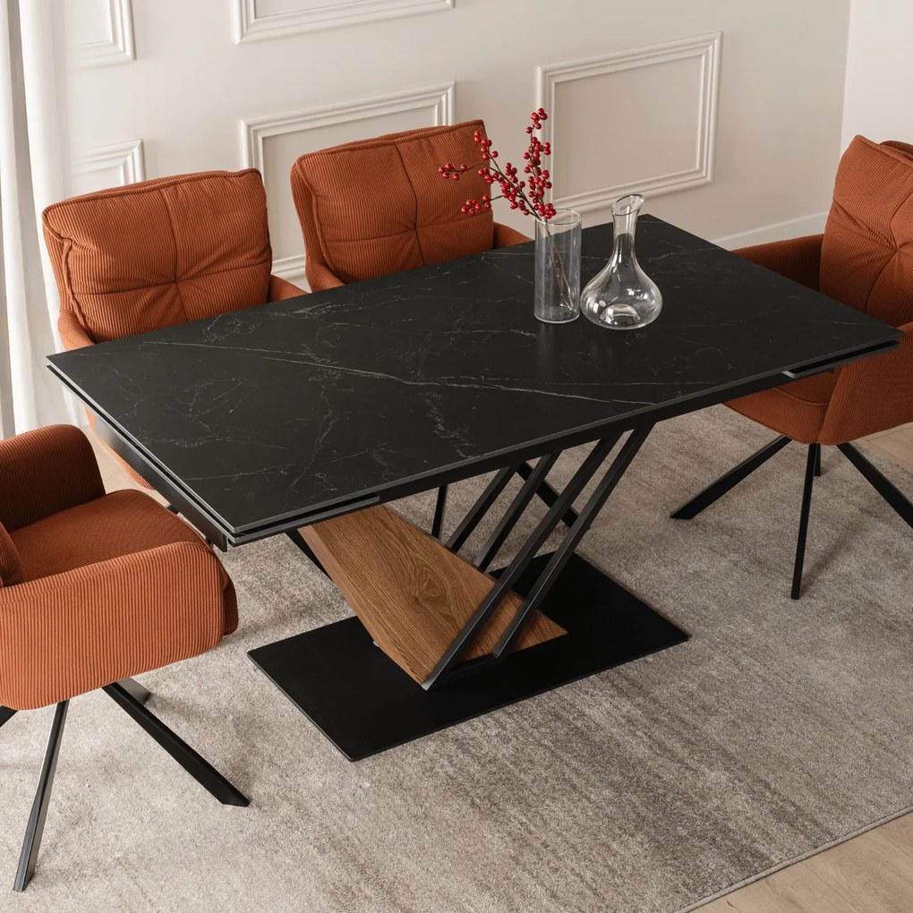 Stół Rozkładany Prostokątny REX 160-220 cm Ceramiczny Czarny Marmur/Orzech do Jadalni Nowoczesny Loft