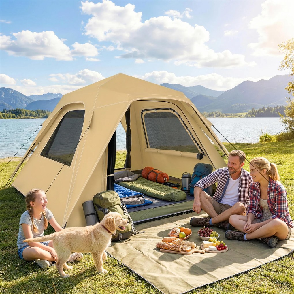 Outsunny Ekspresowy namiot pop-up z ochroną przed deszczem, wodoodporny namiot kopułowy dla 3-4 osób z 2 drzwiami 2 oknami 240x240x160 cm khaki | Aosom PL