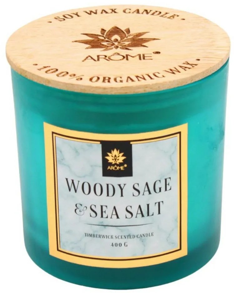 Arome Świeca sojowa Woody Sage and Salt 400 g zdrewnianym knotem i pokrywką