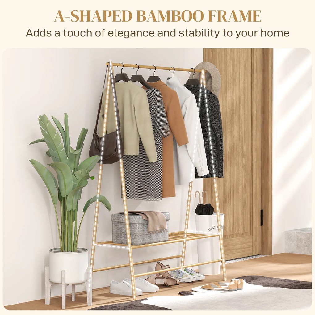 HOMCOM Wieszak na Ubrania z Bambusa z Półką na Buty i Hakami, Wolnostojący, do Przedpokoju, Sypialni, Drewno Naturalne