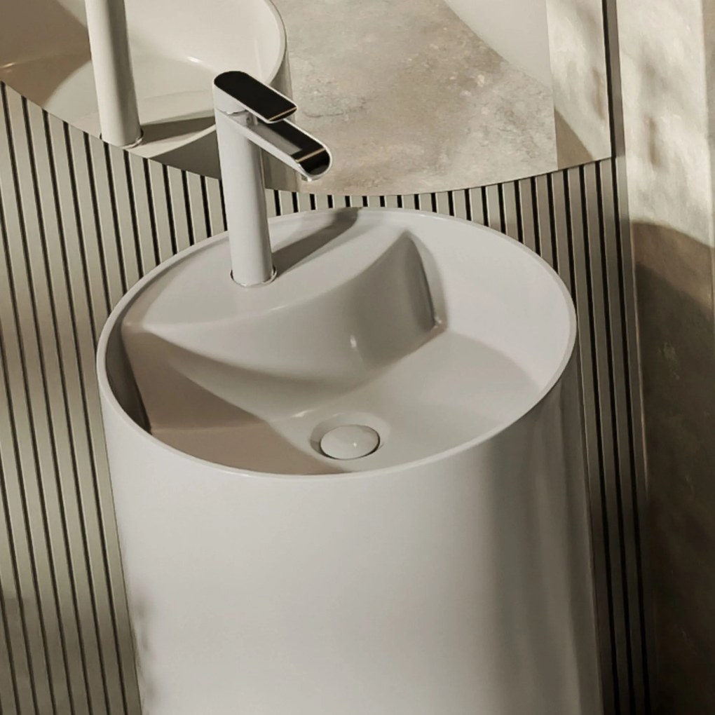 Umywalka z konglomeratu wolnostojąca okrągła szara błyszcząca 87 x 44 cm KALMI GREY GLOW z otworem na baterie : Podłączenie syfonu - Do ściany