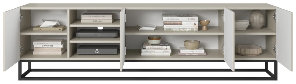 Szafka RTV Asha 200 cm ryflowana z wnęką i czarnym stelażem - kaszmir