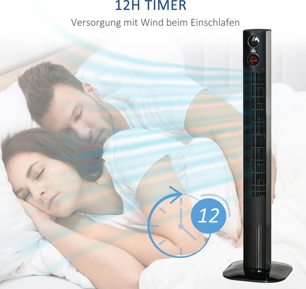 HOMCOM wentylator wieżowy, stojący, dyfuzor zapachowy, z pilotem, 3 poziomy wentylacji, 45W 70° oscylacja czarny 31,5x31,5x117 cm